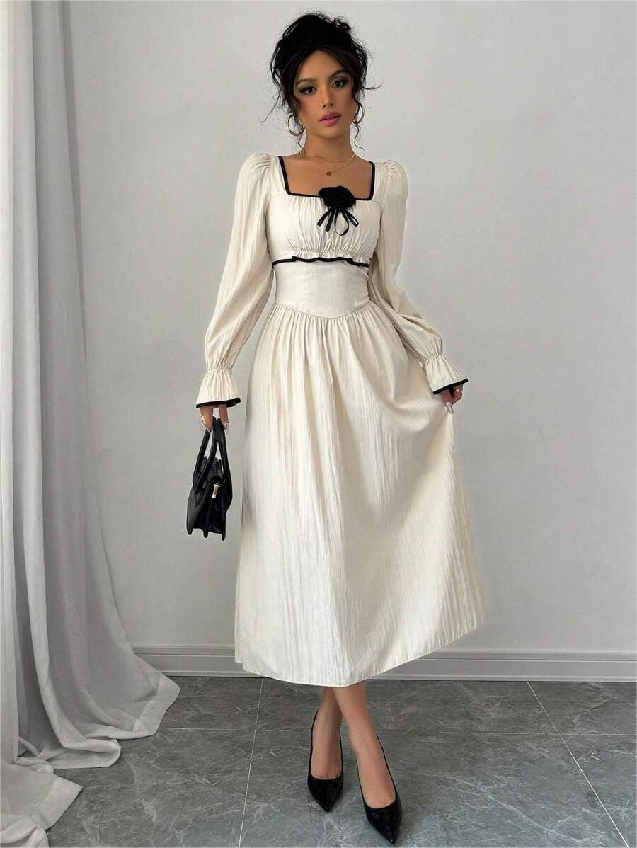 SQUARE COLLAR FLARED SLEEVE FLORAL CONTRAST DRESS