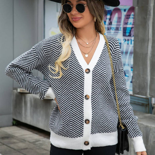 Striped patchwork loose single breasted cardigan