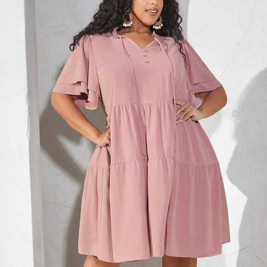 LEISURE V-NECK DOLL PLEATED DRESS