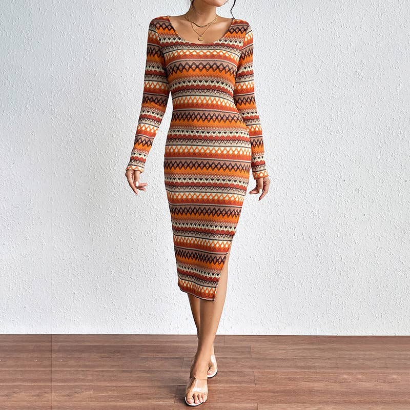 STYLISH WAVY COLOR STRIPED SLIM LONGSLEEVED DRESS