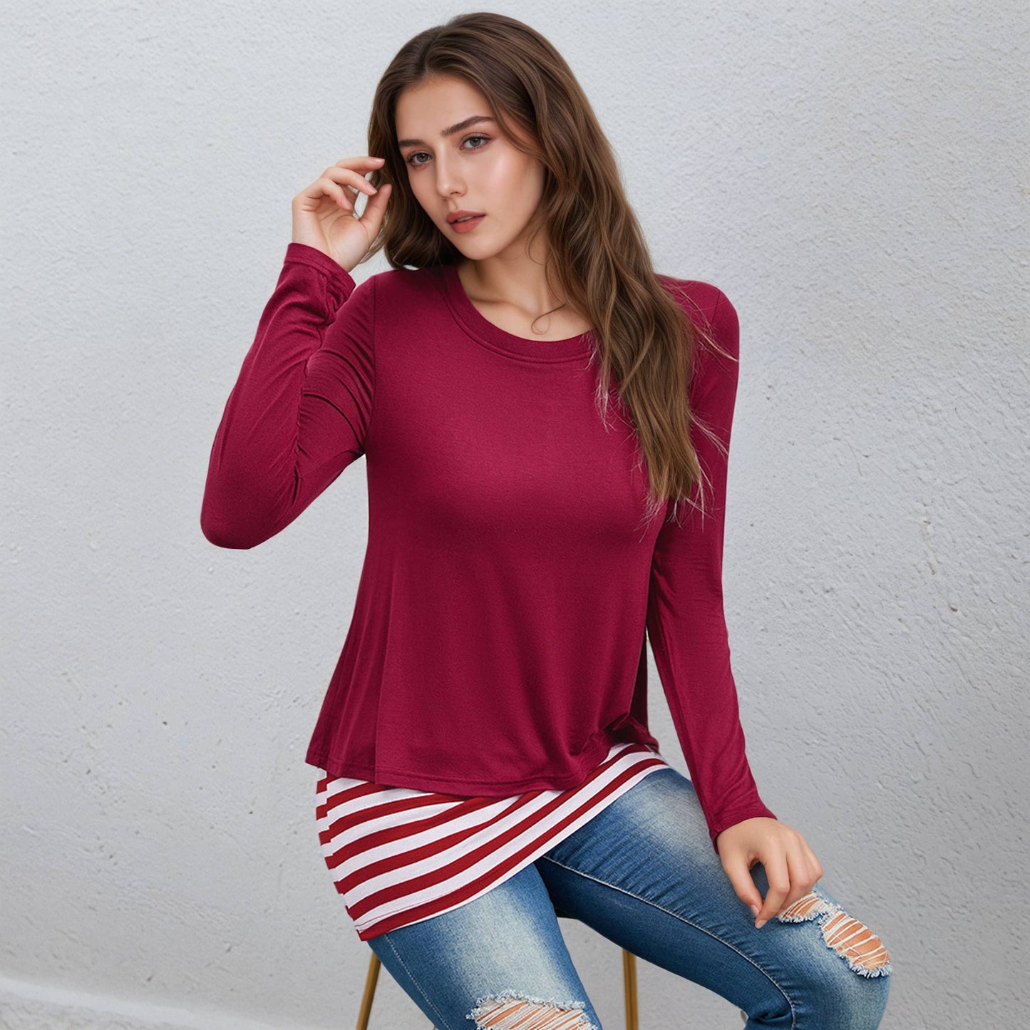 Two fake round-neck striped patchwork T-shirts