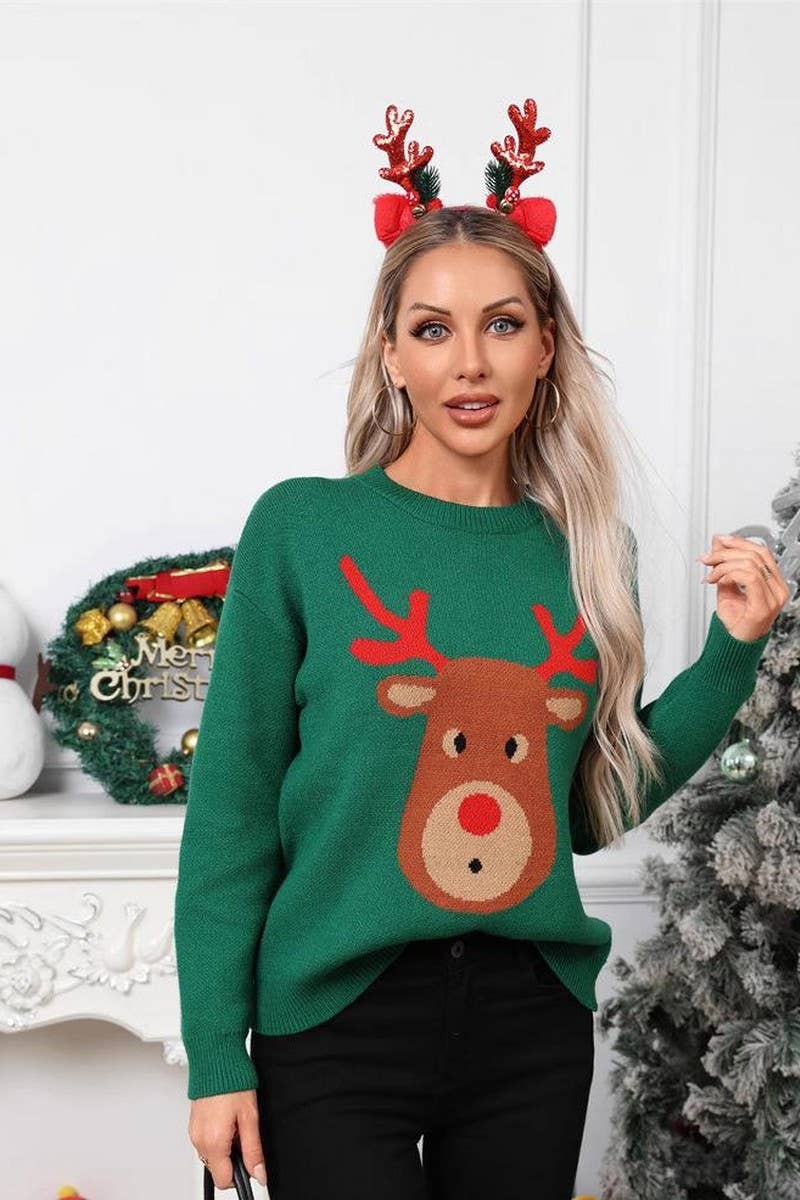 CWOSWL07582_CARTOON DEER JACQUARD CHRISTMAS SWEATER