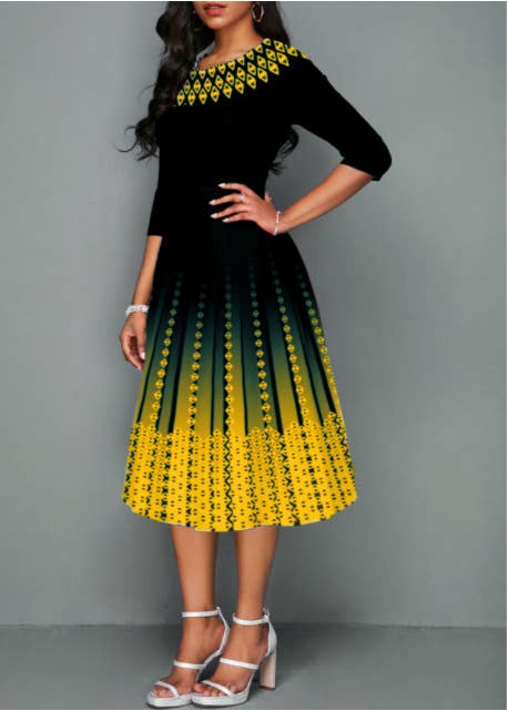 POSITIONING PRINT STYLE MID-SLEEVE WAIST DRESS