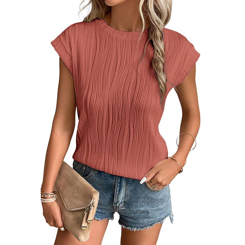 SOLID TEXTURED SHORT SLEEVE PULLOVER TOP