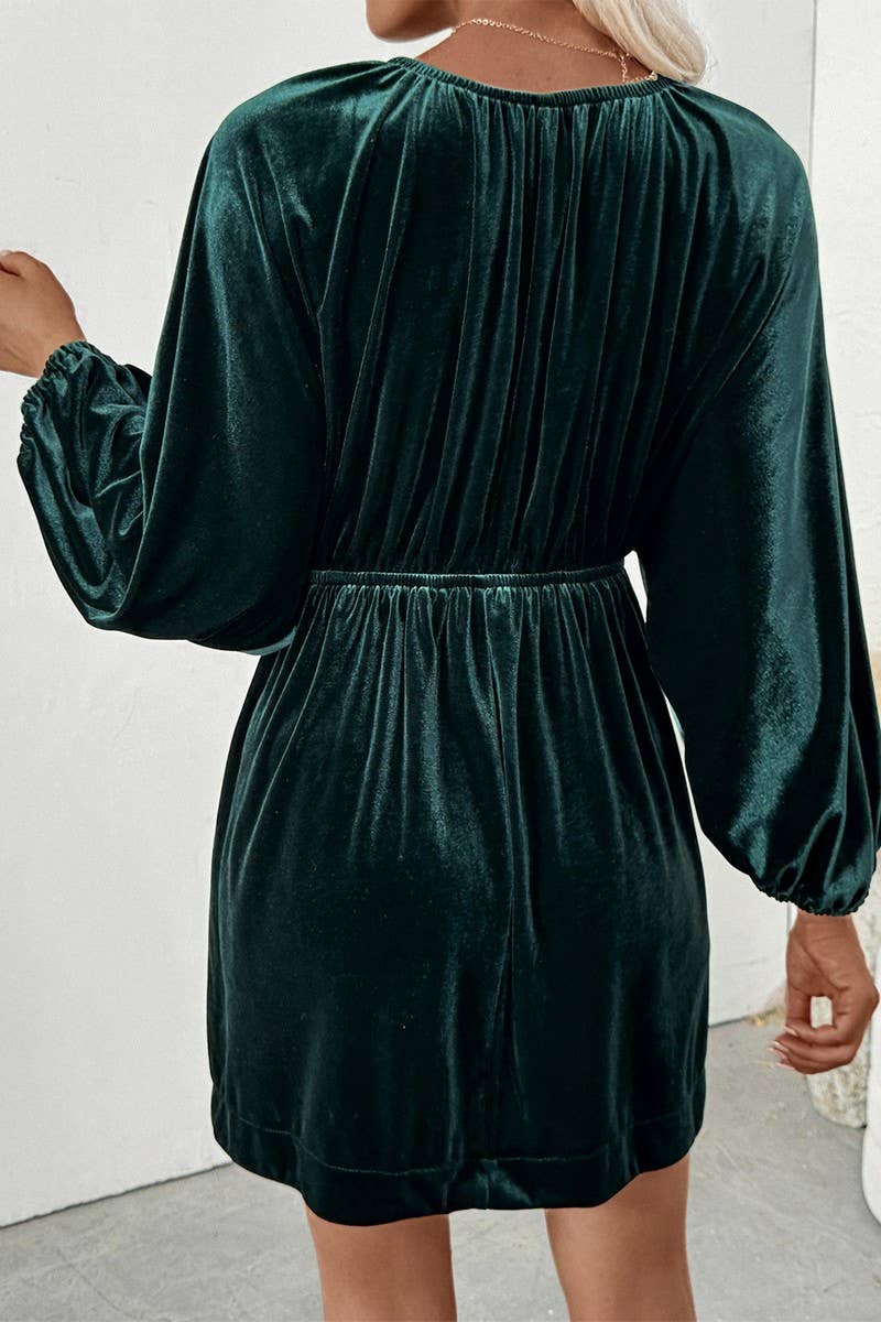 CWDSD10595_LANTERN SLEEVES SHIRRED DEEP V NECK VELVET DRESS