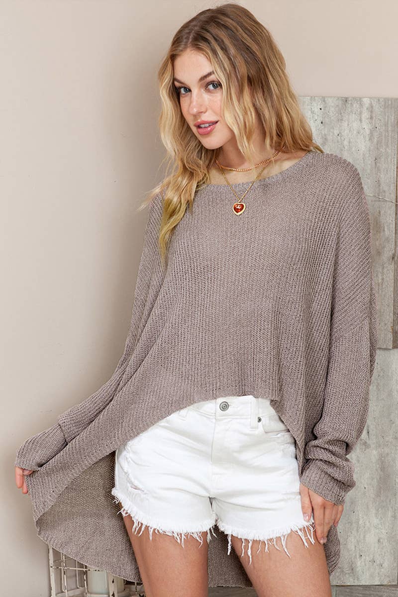 HOLLOW-OUT SOLID COLOR CREW NECK PULLOVER SWEATER