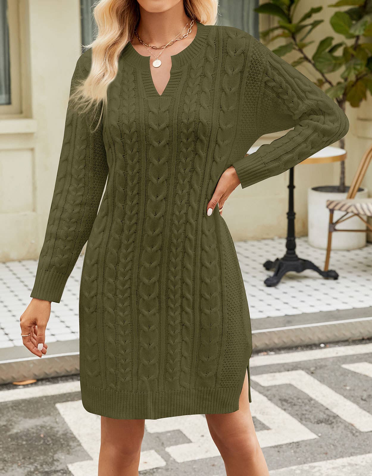 SOLID COLOR LOOSE FASHION V-NECK SWEATER DRESS