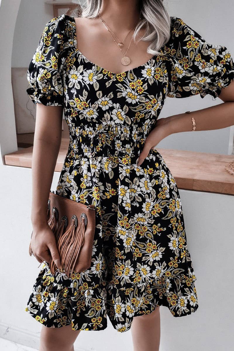 SQUARE COLLAR LANTERN SLEEVE FLORAL FLOUNCY DRESS_CWDSD2500