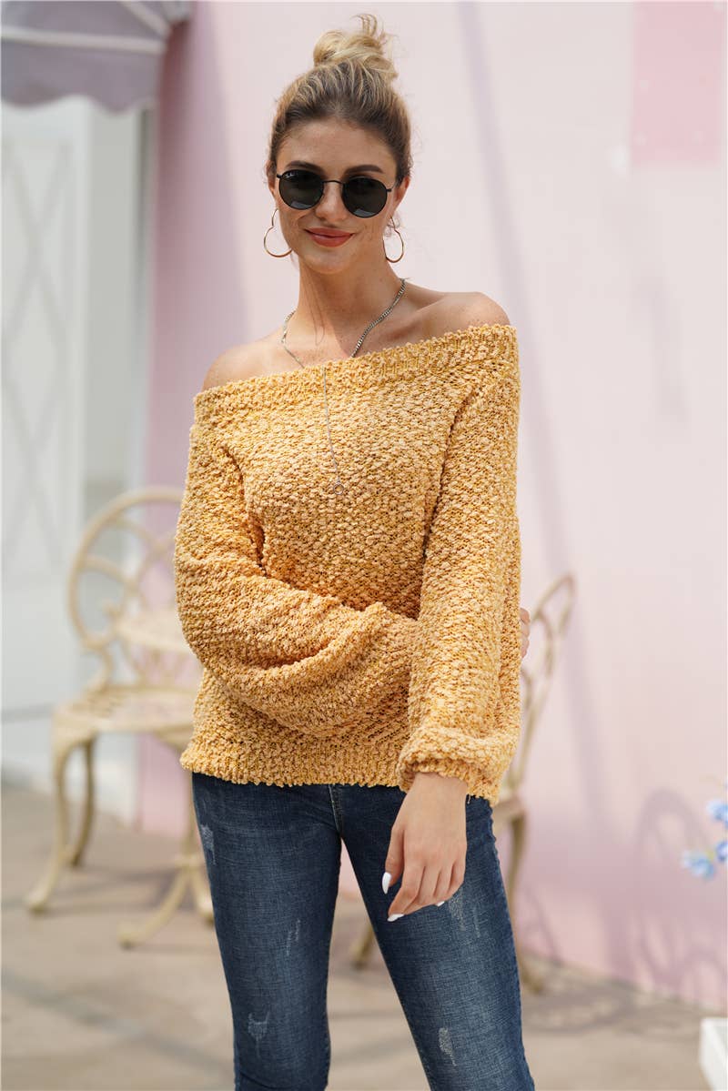 LINE NECK LONG SLEEVE SOLID PULLOVER SWEATER