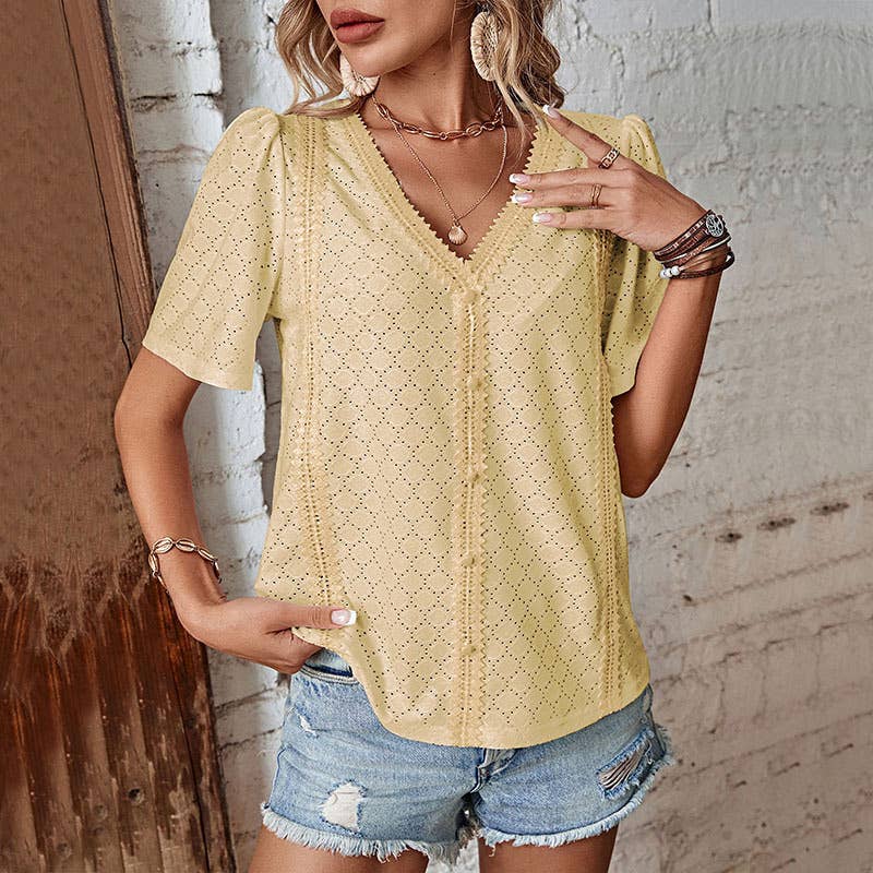 V-neck lace patchwork short-sleeved top
