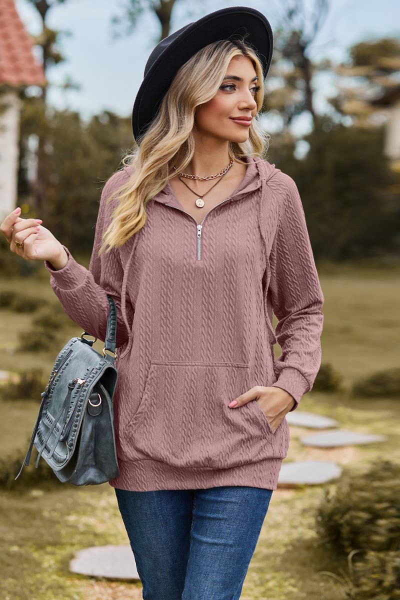 CWOHOL1094_HOODED ZIPPER LOOSE LONG SLEEVE SWEATSHIRT