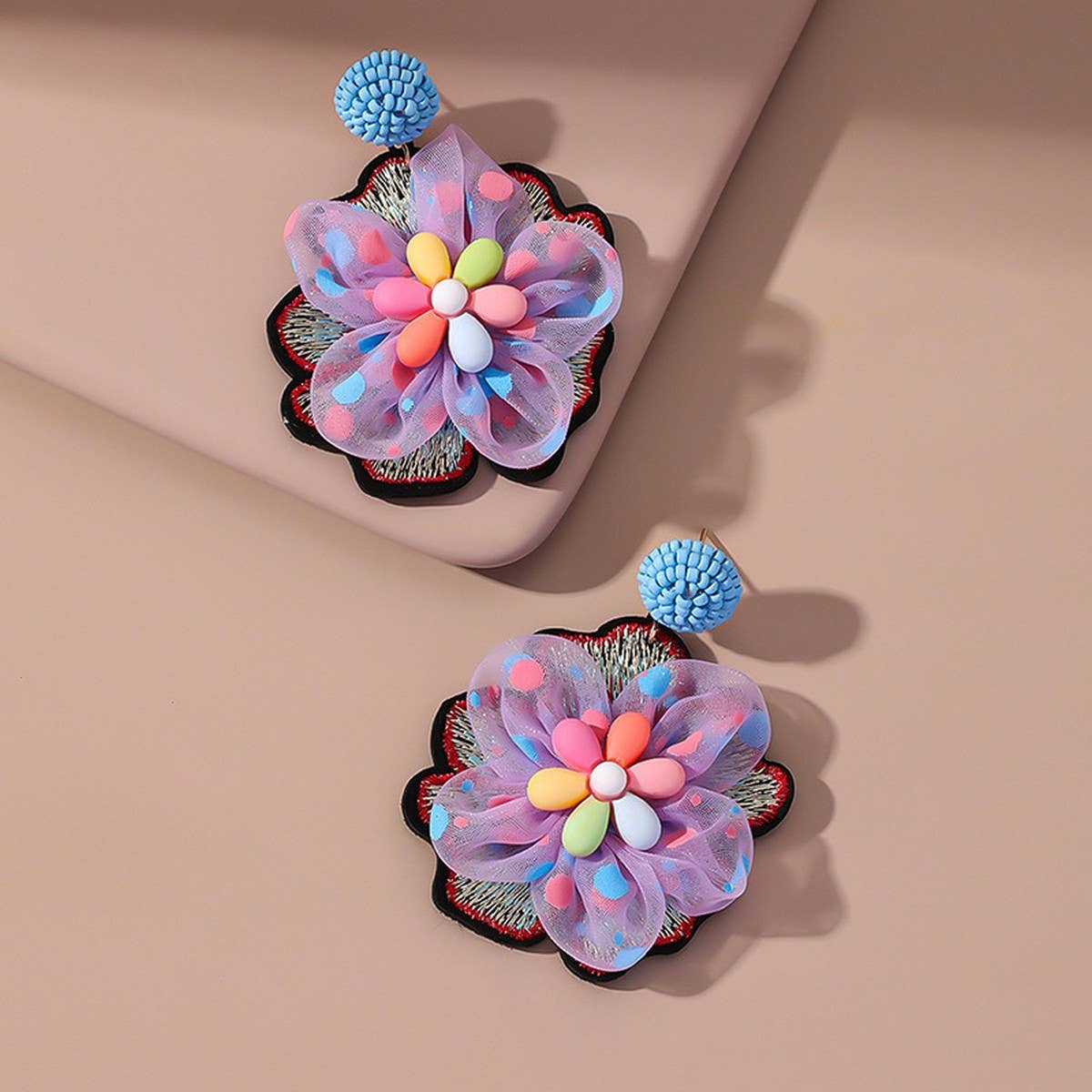 Embroidered Crystal Flower Earrings