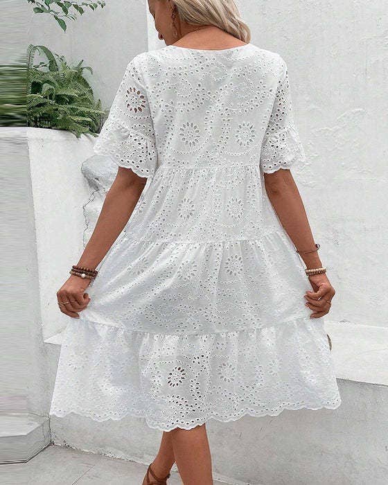 SOLID-COLOR COTTON EMBROIDERED LACE CUTOUT DRESS_CWDSD10724