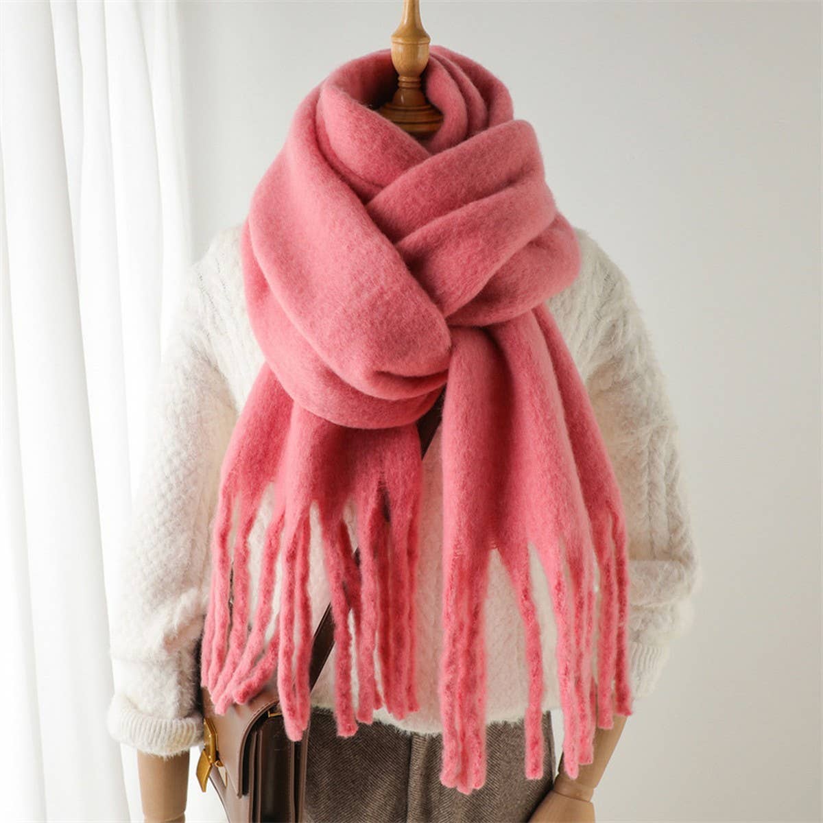 Mohair Tassel Scarf for Winter, Unisex Long Shawl