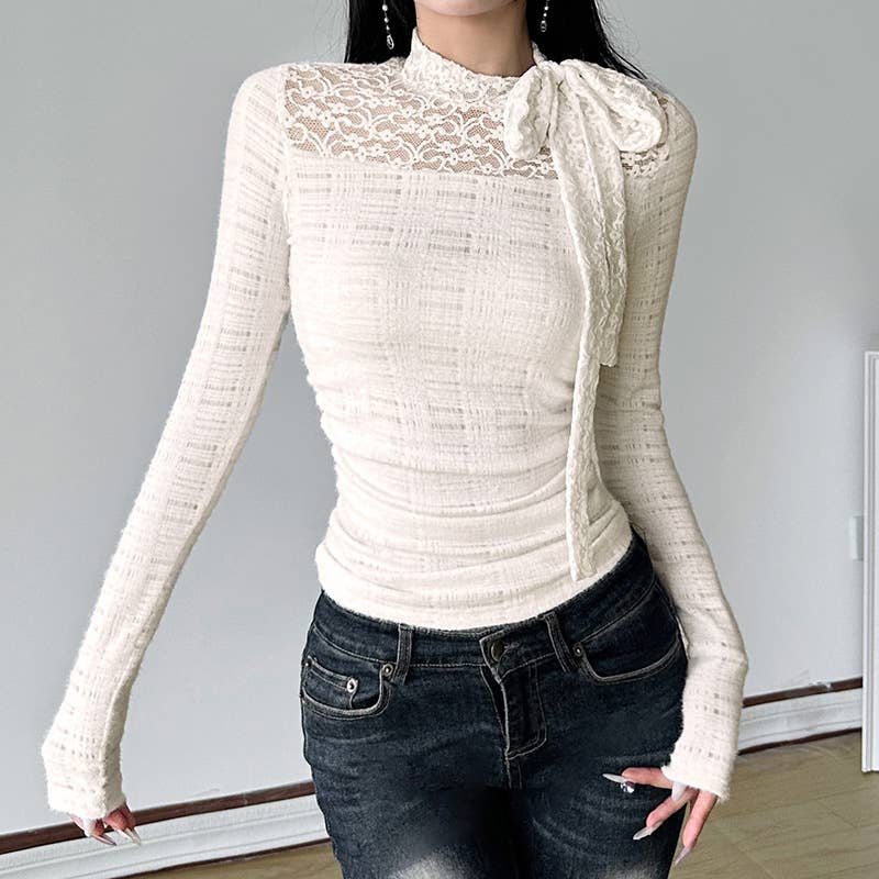 SOLID COLOR BOW AND LACE PULLOVER HALF-NECK TOP