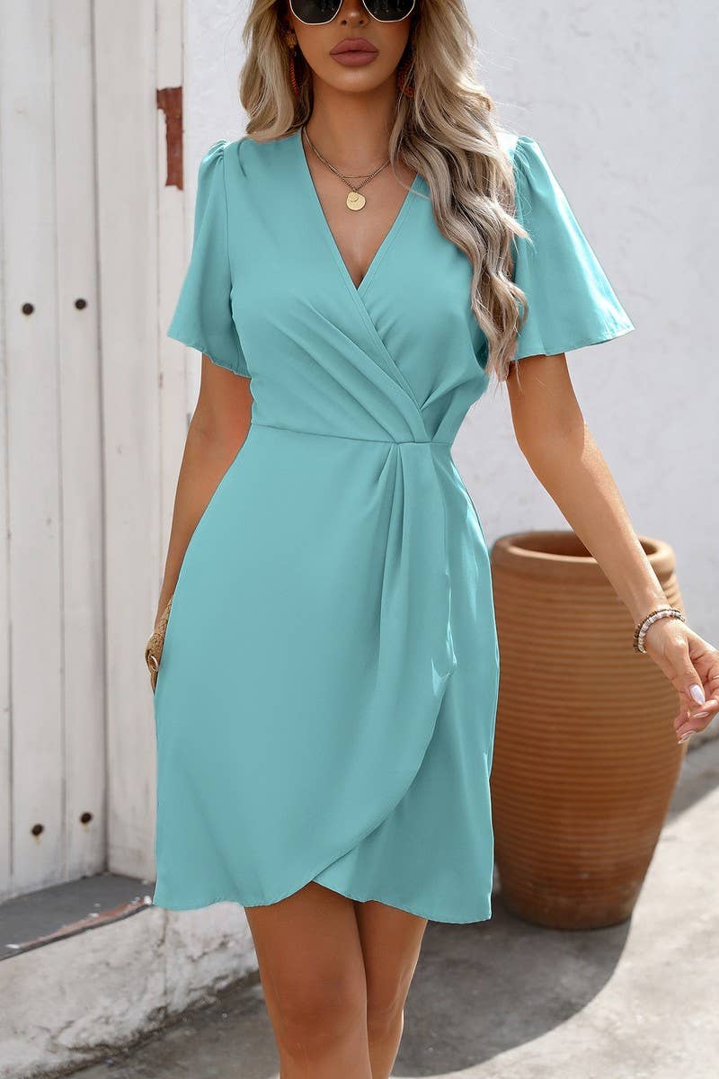 CWDSD8792_SOLID V-NECK WAIST TIE SHORT SLEEVE DRESS