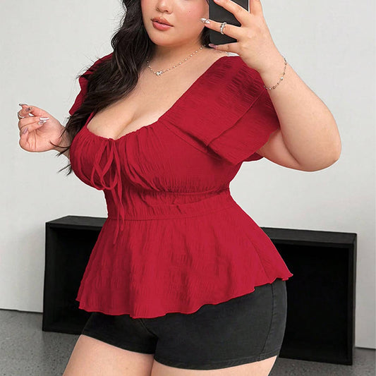 Sexy Square Neck Waist Slim Red Summer Top