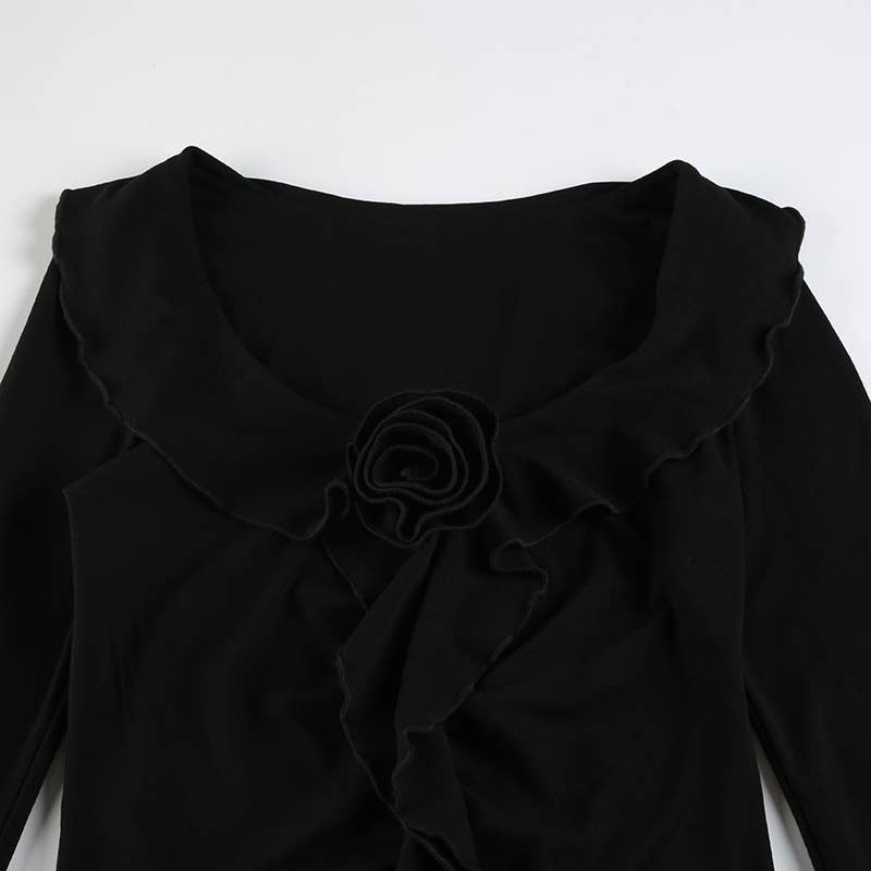 THREE-DIMENSIONAL ROSE FLARED SLEEVE T-SHIRT