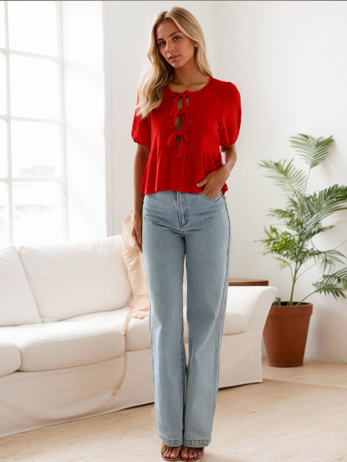 Women¡¯s Casual Loose Tie-Up Ruffle Sleeve Top