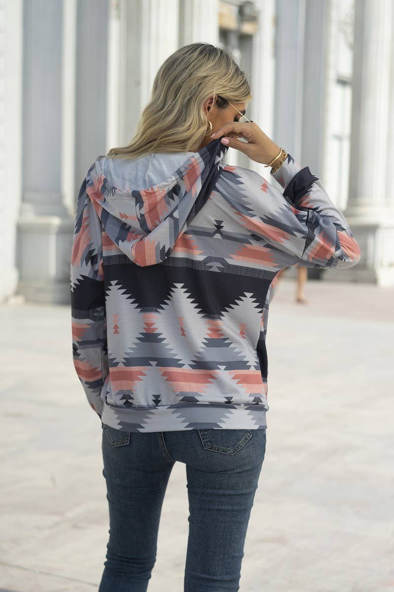WOMEN AZTEC PRINTING DRAWSTRING WESTERN HOODIE_CWOHOL0177