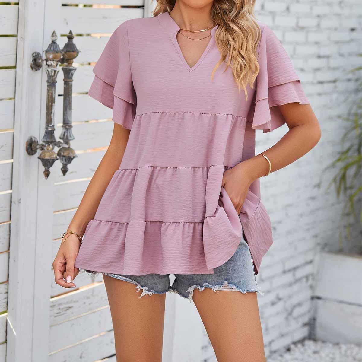 V-neck double-sleeved solid color loose shirt