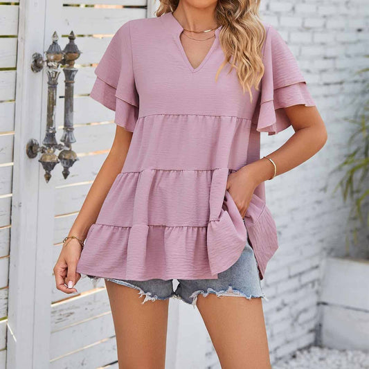 V-neck double-sleeved solid color loose shirt