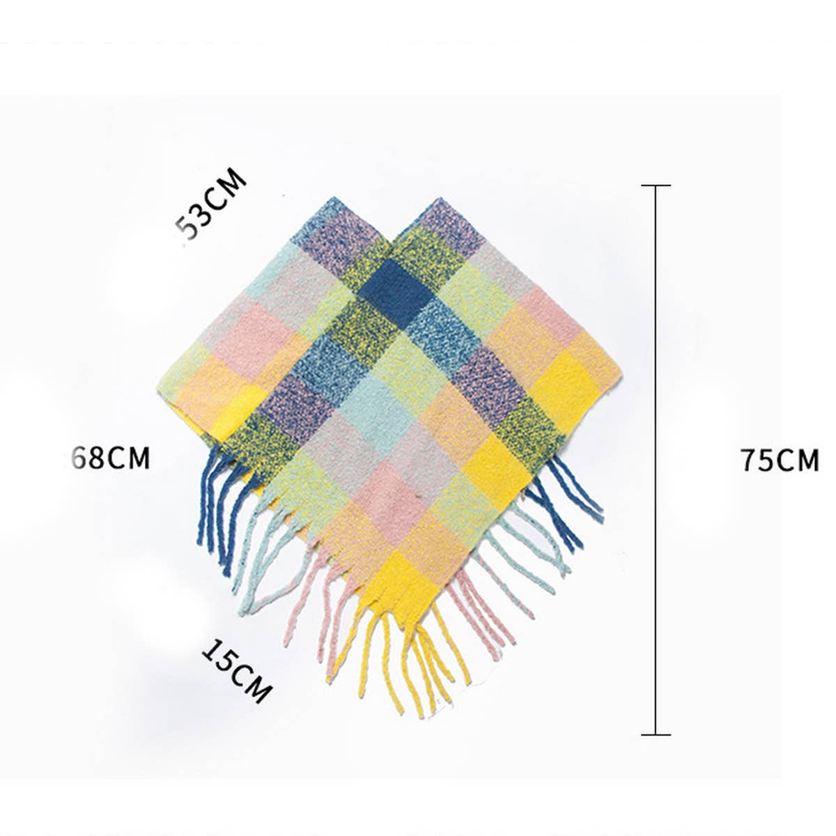 BOUCLE YARN THICK TASSEL COLORFUL PLAID SHAWL_CWASC1208