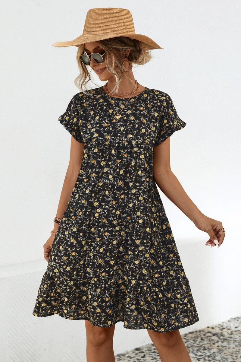 CWDSD4946_ROUND NECK FLORAL RUFFLE SLEEVE DRESS