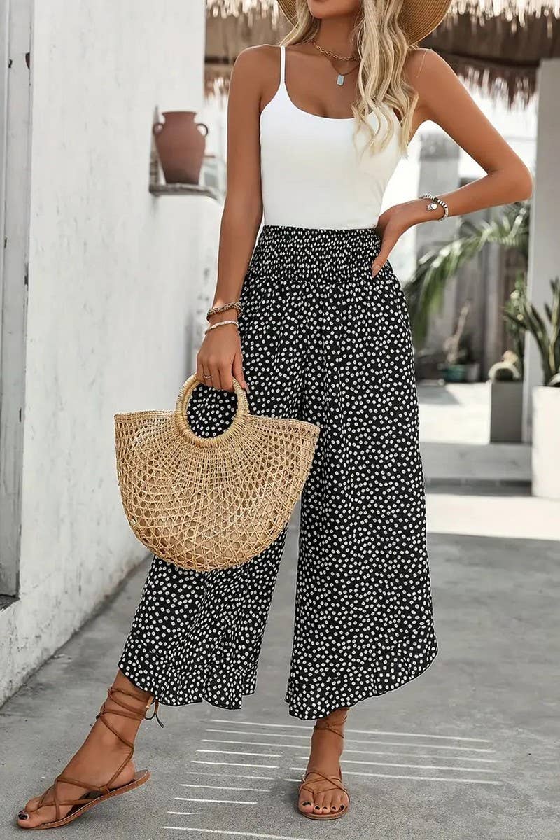 CWBLP1996_CASUAL POLKA DOT LOOSE WAIST SLIM WIDE LEG PANTS
