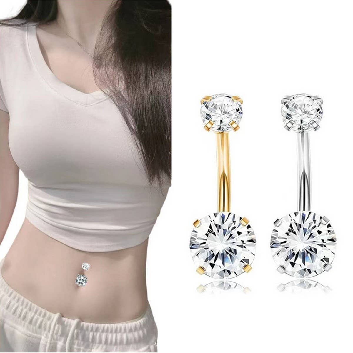 Double CZ Ball Belly Ring ? Prong Set Design