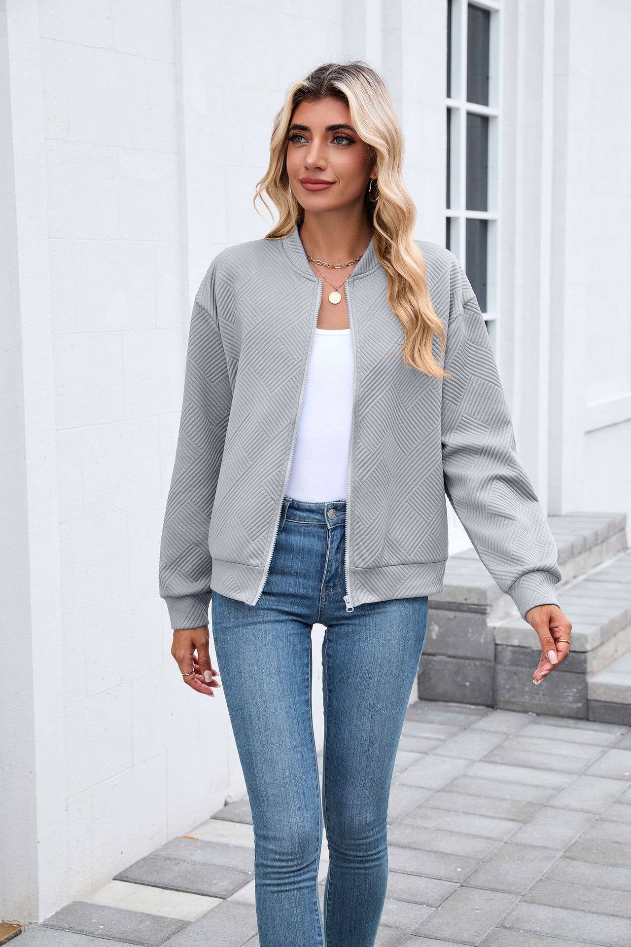 Solid-color round-neck zipper loose jacket