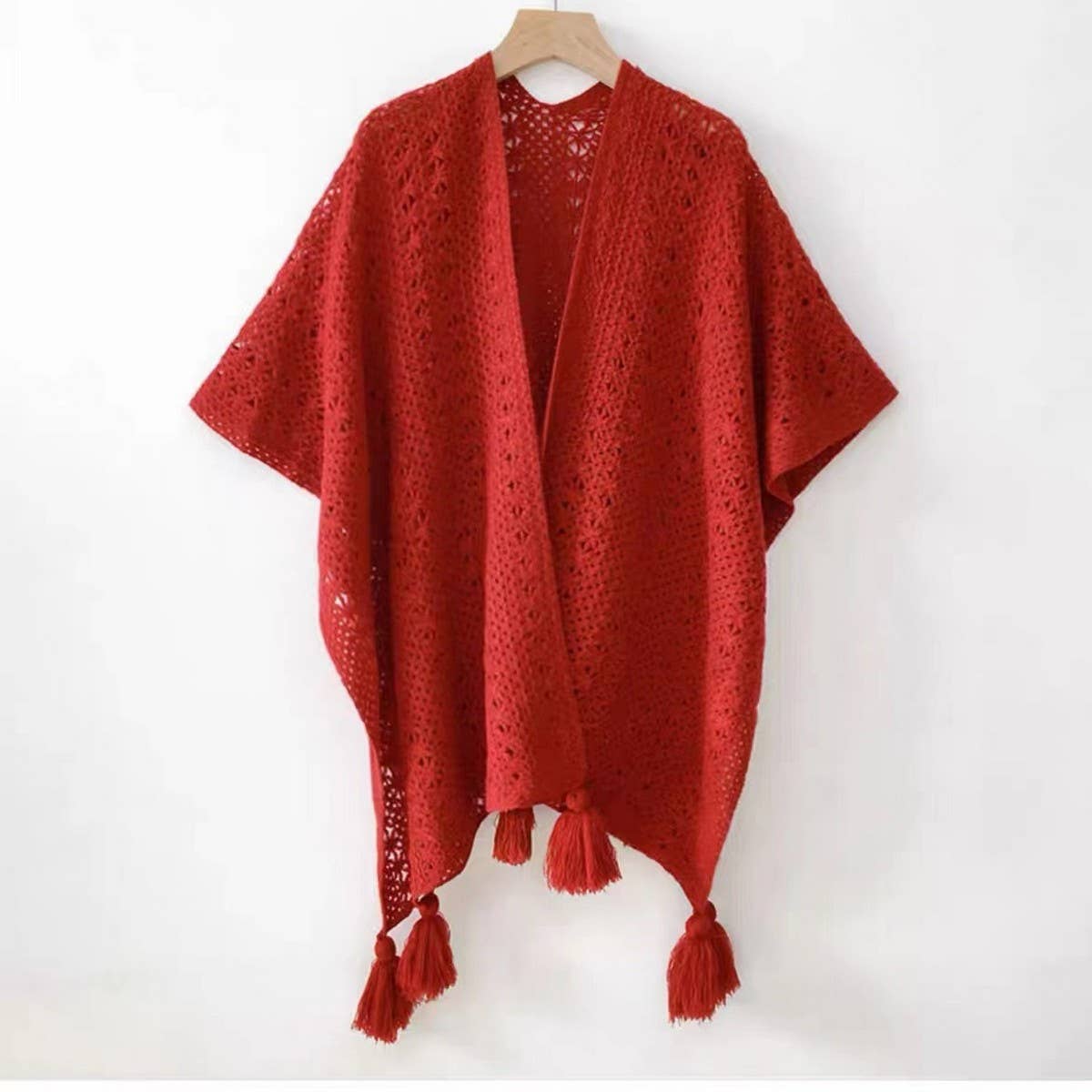 CWASC1795_VINTAGE HOLLOW KNITTED TASSEL SLIT SHAWL