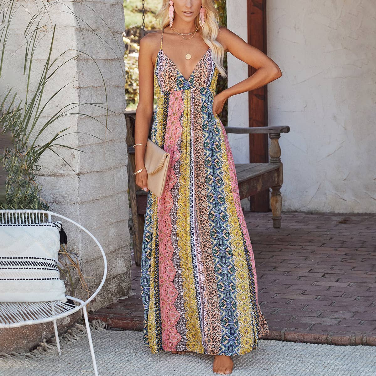 V-NECK SEXY HALTER HALTER PRINT SWING DRESS