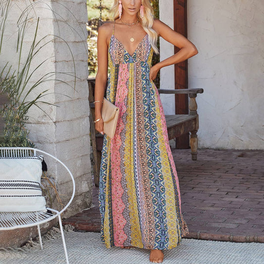 V-NECK SEXY HALTER HALTER PRINT SWING DRESS