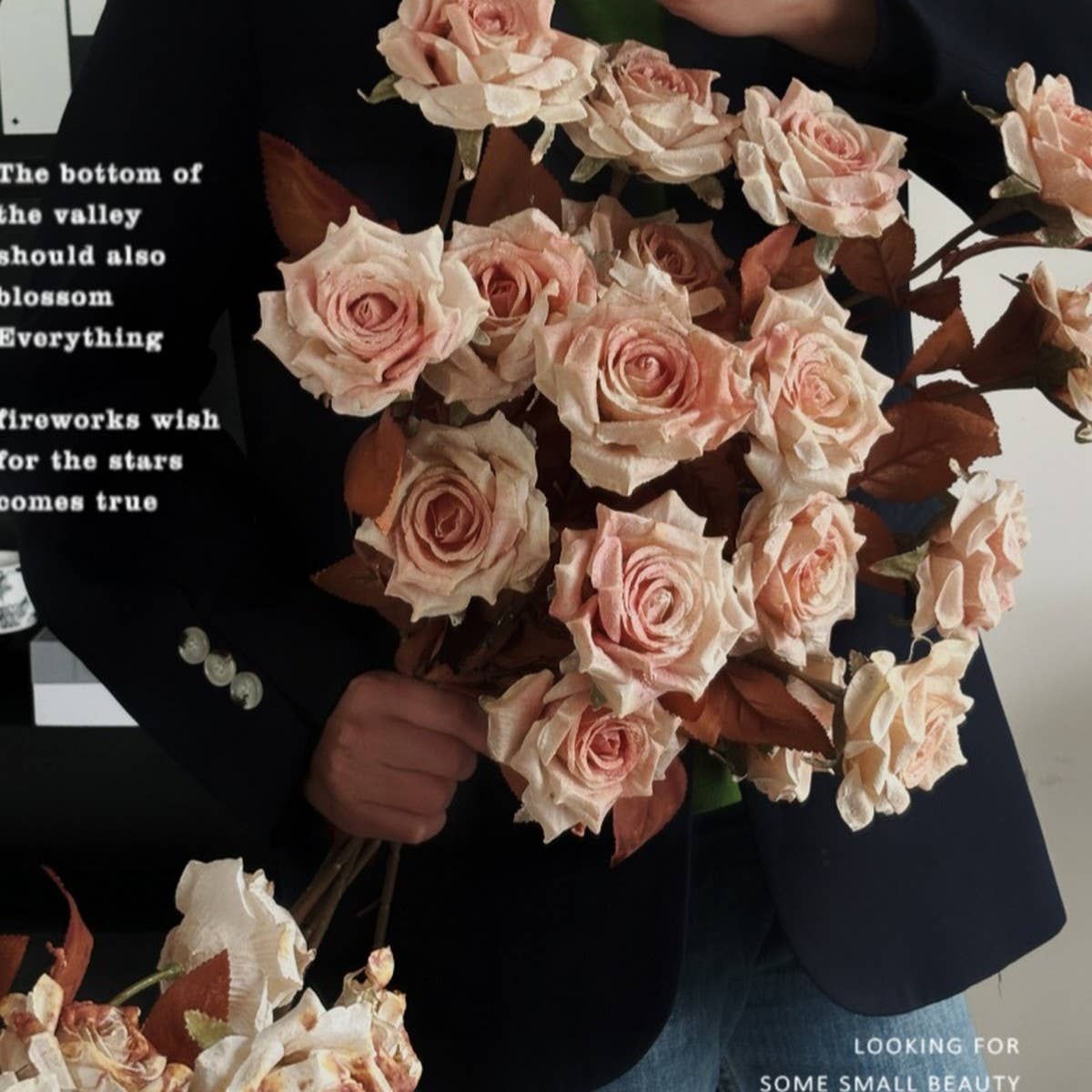 Vintage Faux Wilted Rose Bouquet with Ink Stains