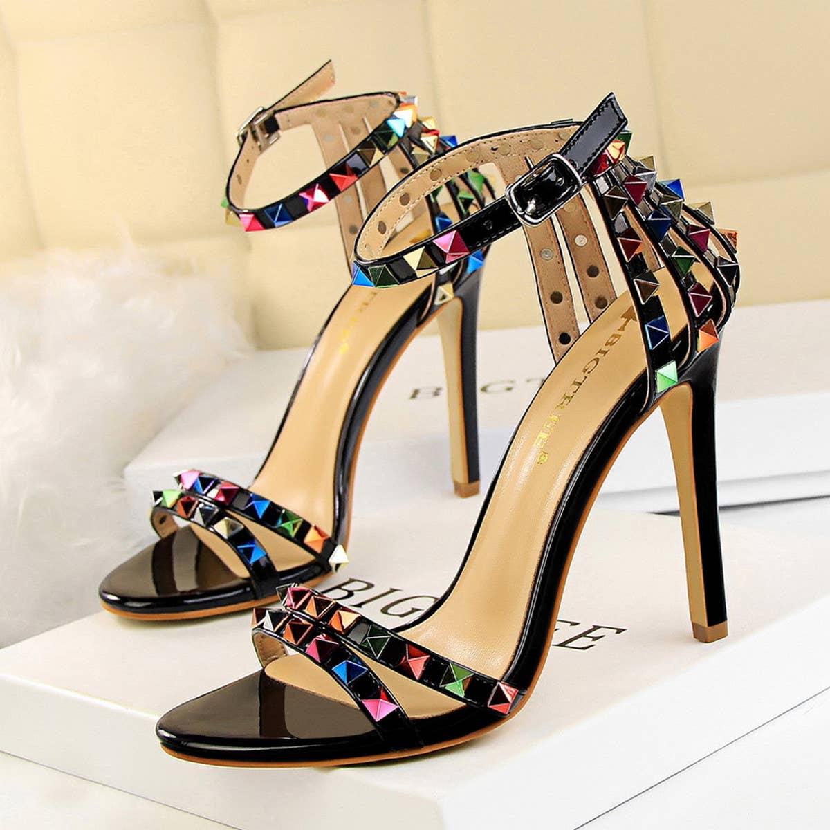 WOMEN STILETTO OPEN TOE STUDDED HIGH HEELS