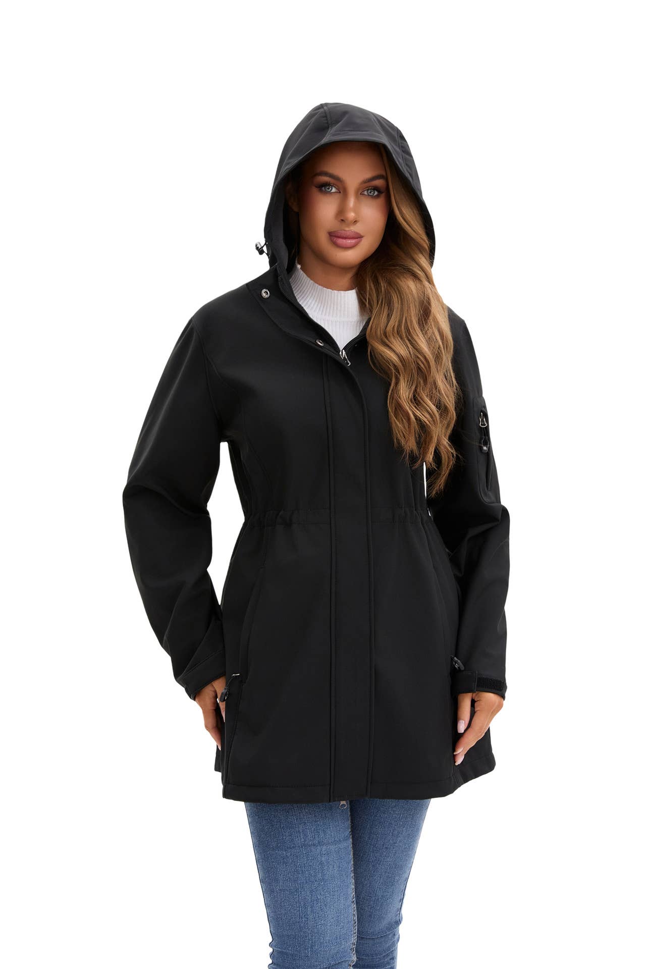 Hooded multi-pocket fleece down jacket