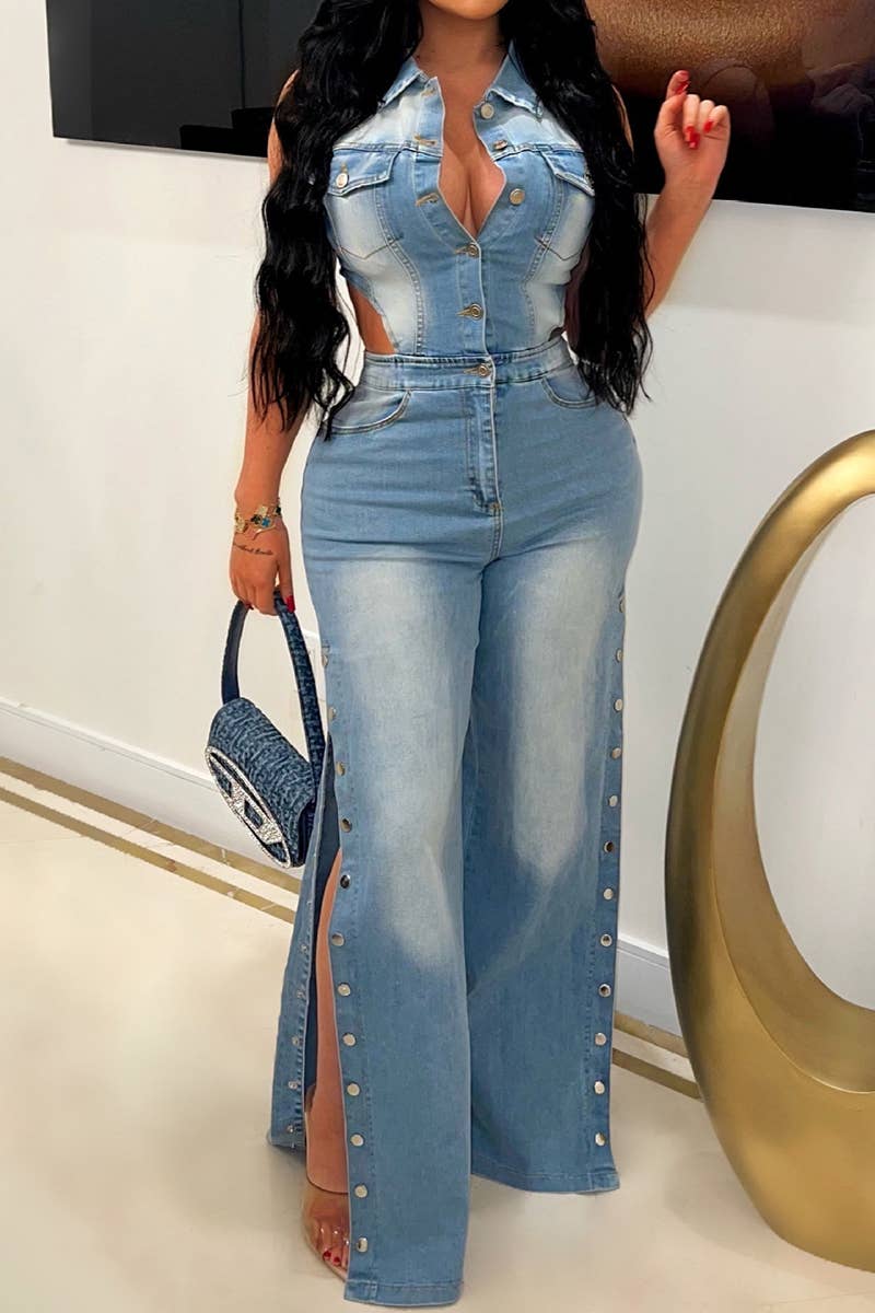 TIGHT WAIST SLIM STRETCH WASH DENIM JUMPSUIT