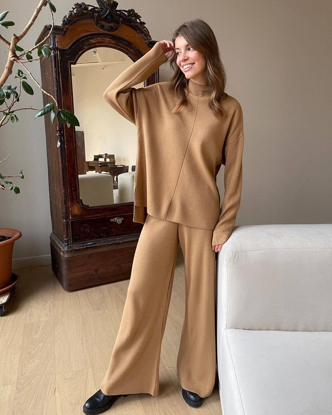 LONG SLEEVE LOOSE SWEATER KNIT TOP PANT SUIT