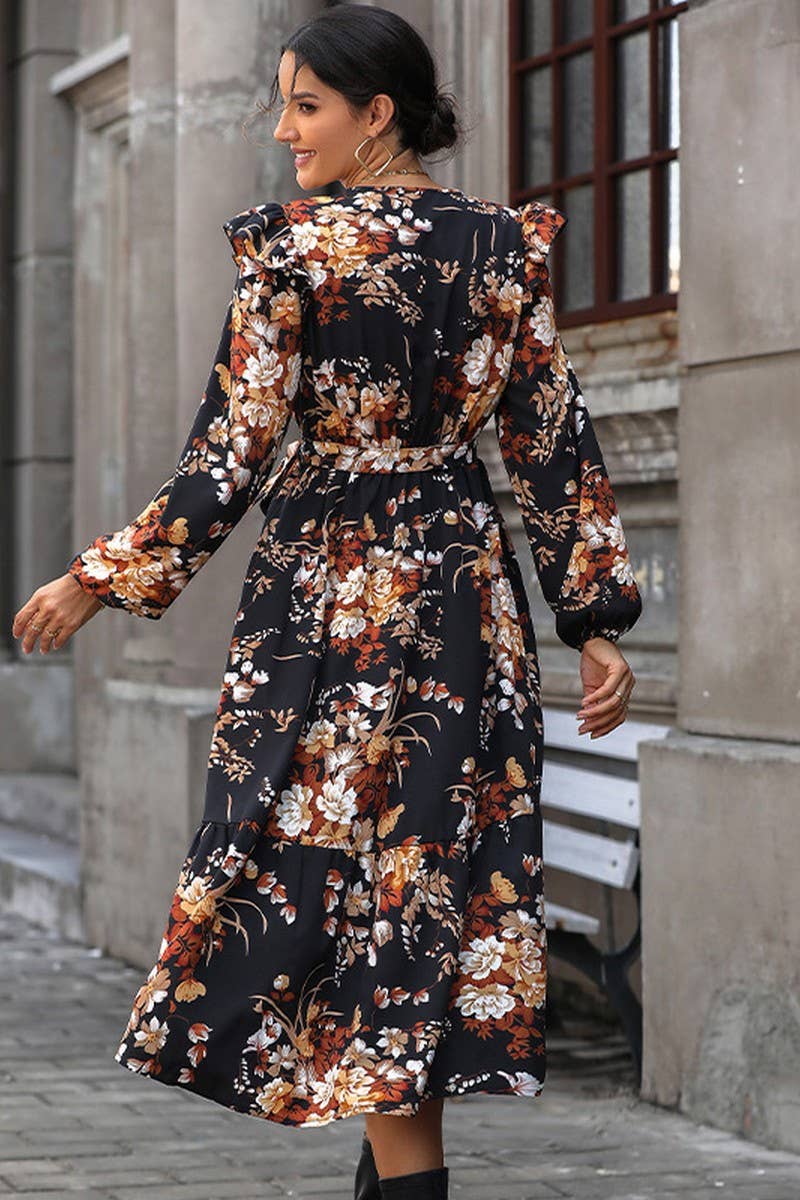 CWDMD4736_NEW LADIES V-NECK PRINTED MIDI DRESS