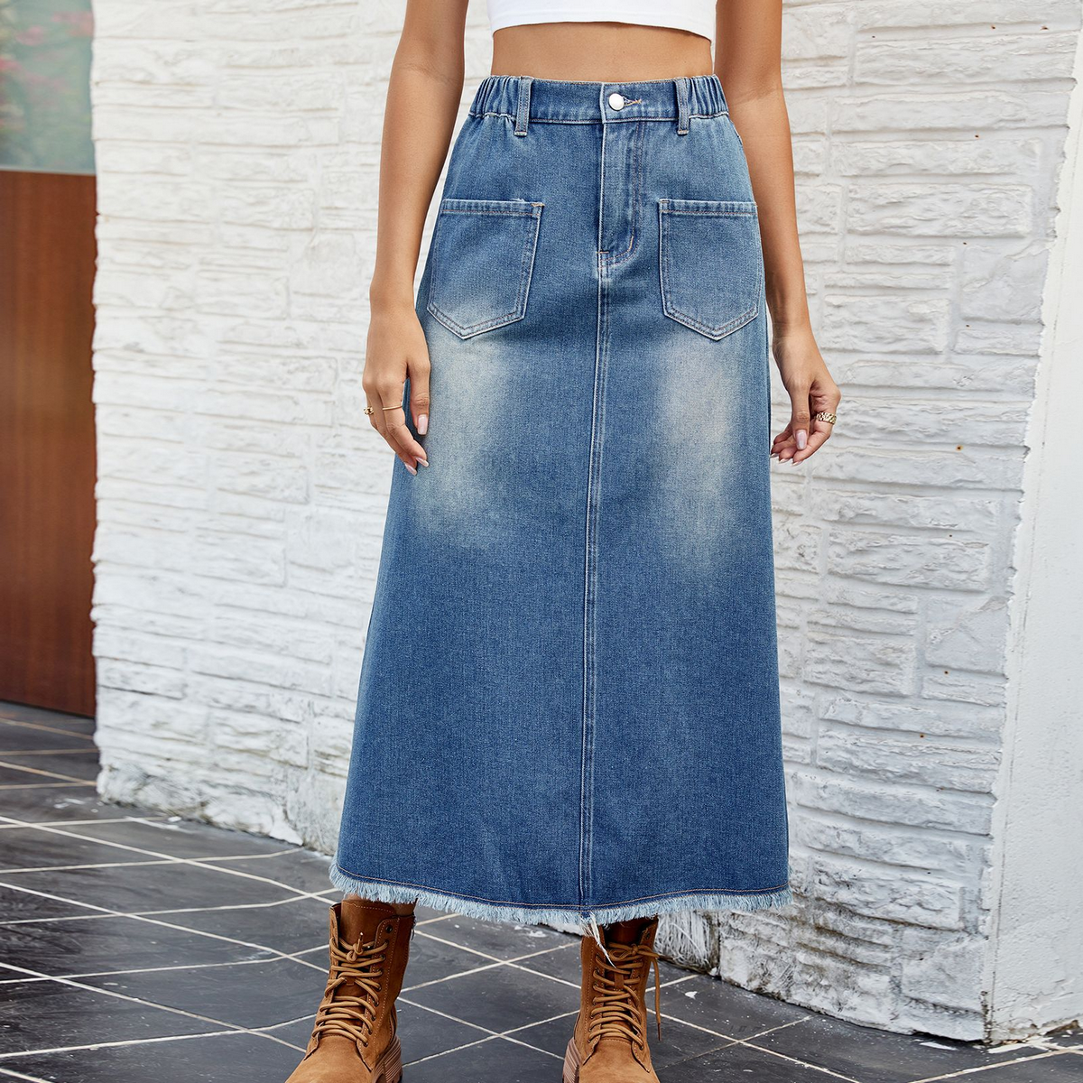 Women??¢s Washed Denim Midi Skirt with Raw Hem_CWJSK0199