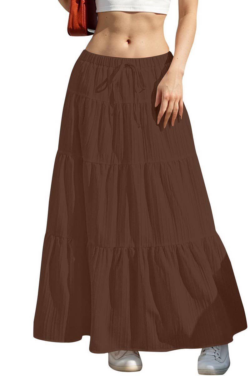 CWBLS0558 _SOLID COLOR STITCHING ELASTIC WAIST MAXI SKIRT