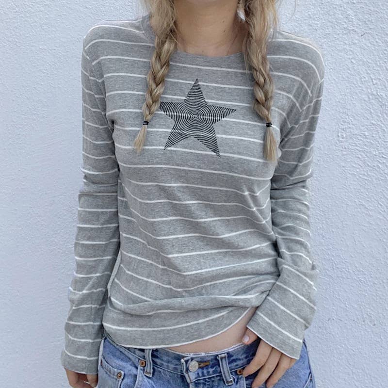 FIVE-POINTED STRIPED PULL-OVER CREW-NECK TOP