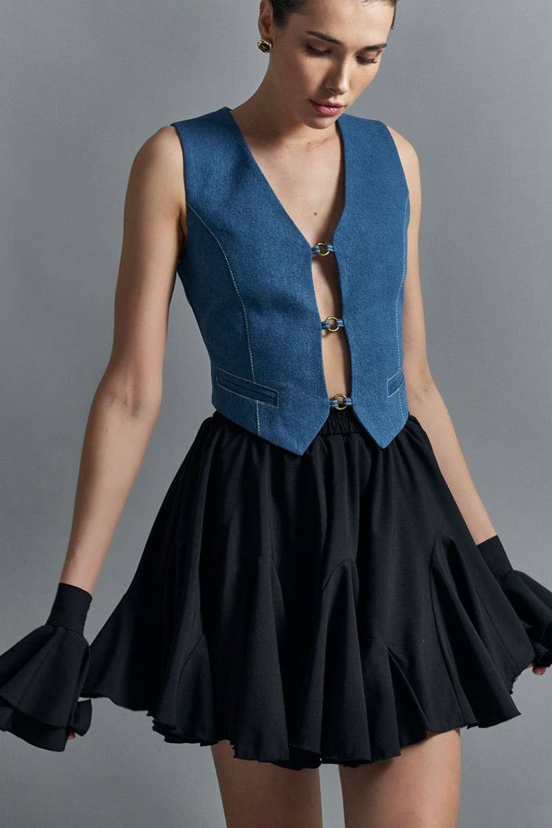 CWBSS0445_PATCHWORK RUFFLE PLEATED MINI SKIRT