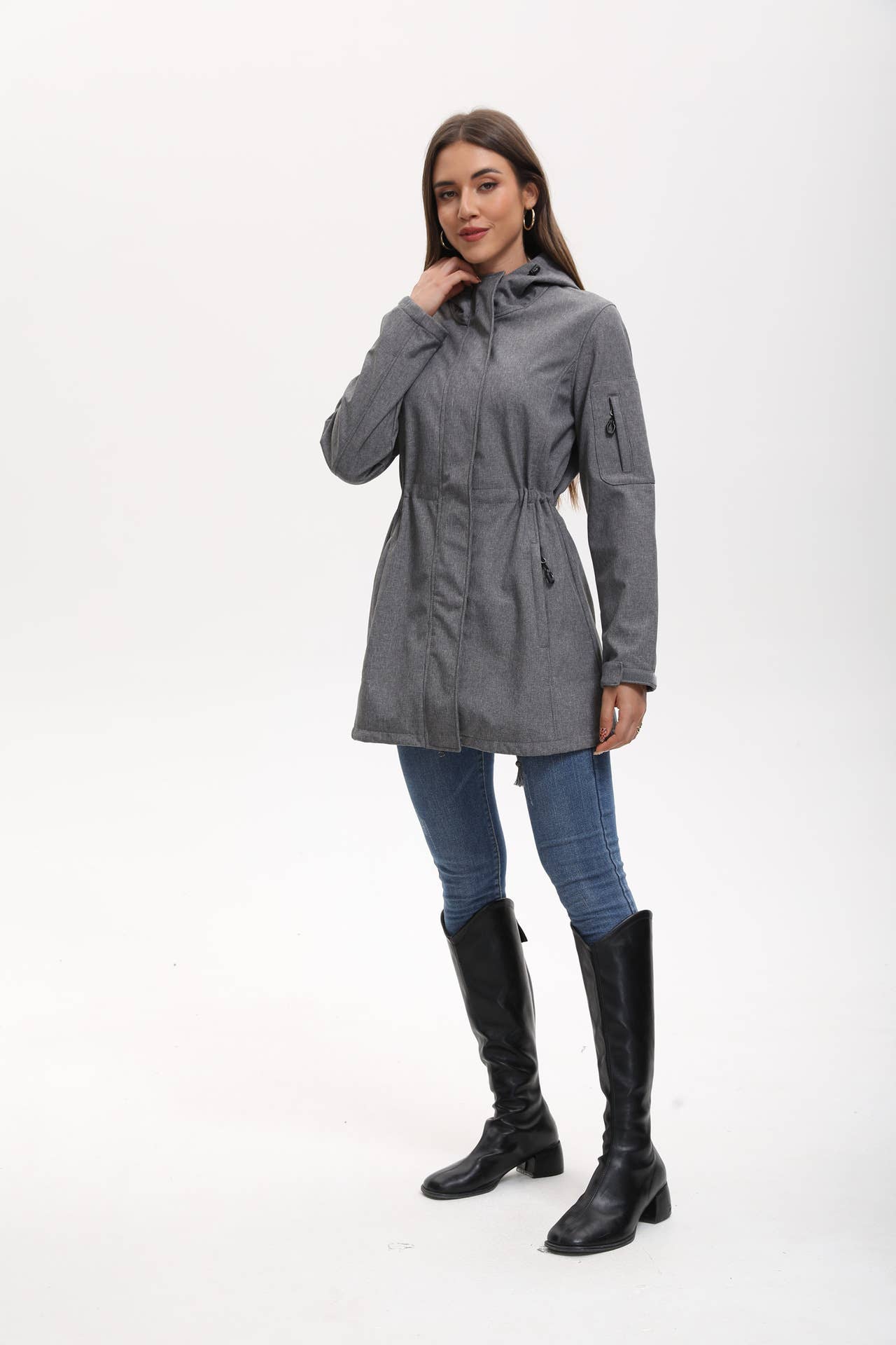 Hooded multi-pocket fleece down jacket