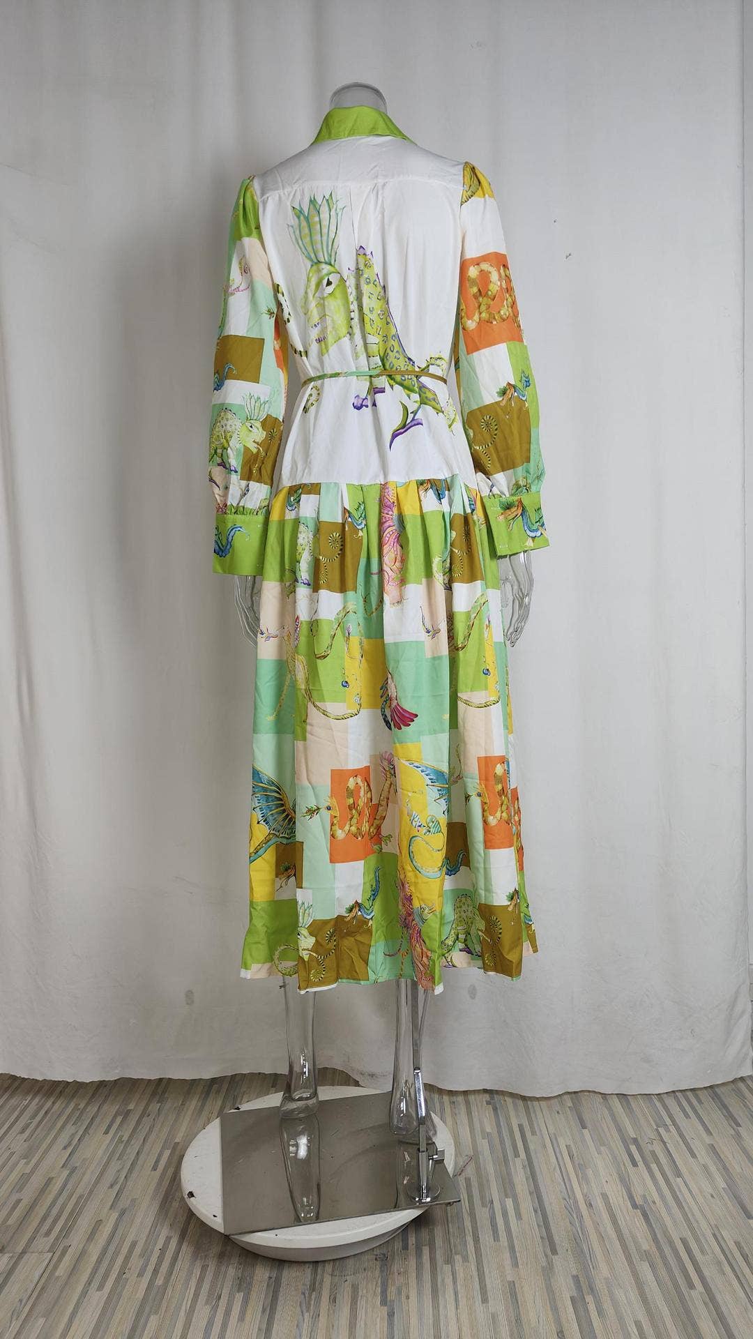 LANTERN SLEEVE PRINTED LAPEL LONG-SLEEVED DRESS