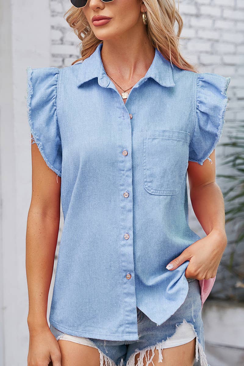 RUFFLED SHORT SLEEVE SINGLE POCKET T SHIRT_CWTSTS0238