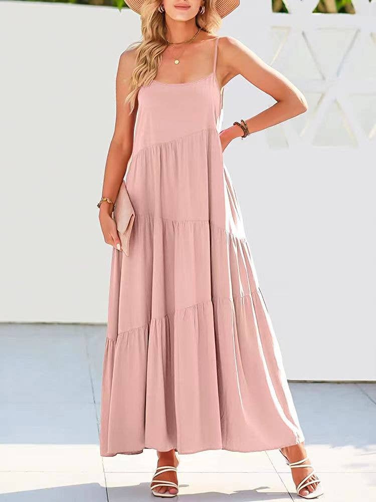 Pleated loose solid-color long beach halter dress
