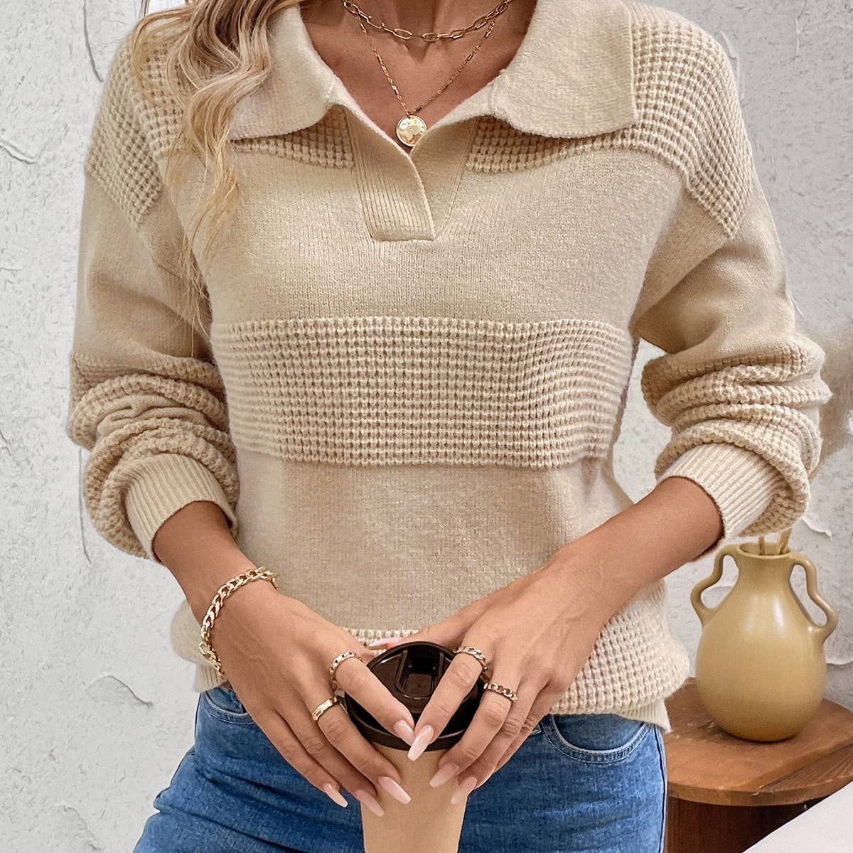 Long sleeve lapel solid color sweater woman