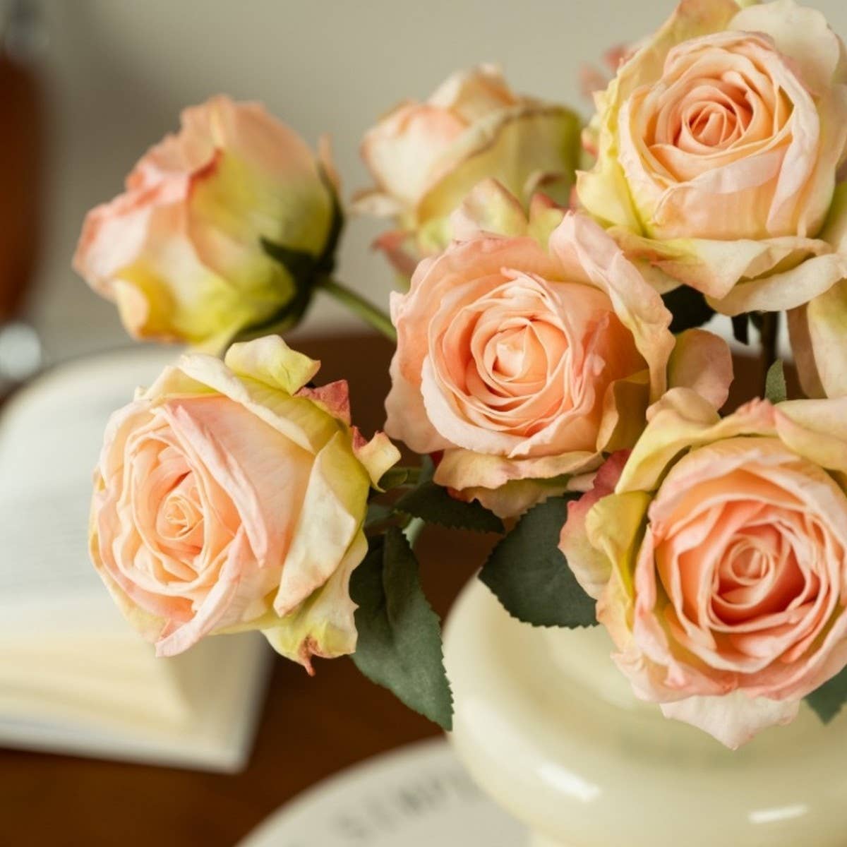 Burnt Edge Rose Bouquet Artificial Flower Decor＿CWMM6478